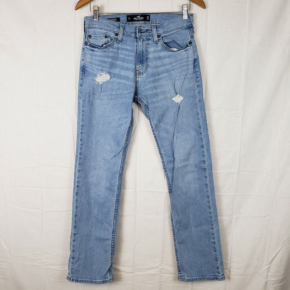 Hollister Womens Blue Distressed Slim Fit High Rise Straightโ Jeans Size 26X30